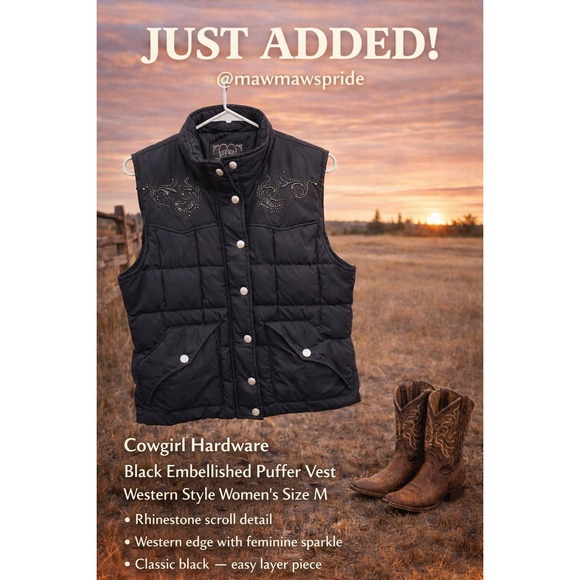 Cowgirl Hardware Jackets & Blazers - Cowgirl Hardware Black Embellished Puffer Vest‎ Western Style Women's Size M